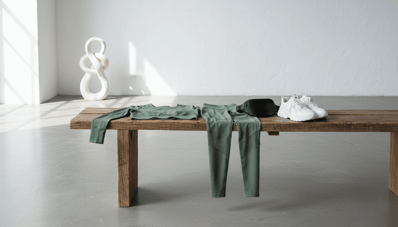 Coordinated workout set laid on a bench in a clean, minimalist space