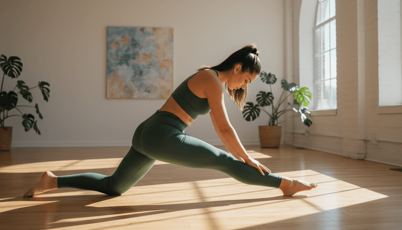 Athletic woman in high-waist leggings stretching in a sunlit studio