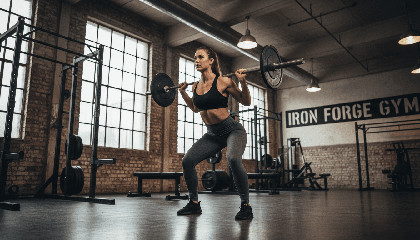 Woman in a sports bra and leggings during a barbell squat in a gritty gym