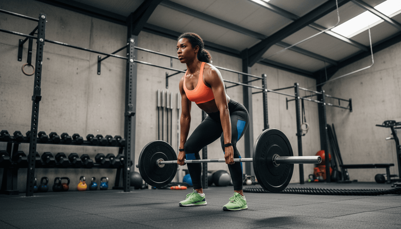 Woman in black gym wear performing hip thrusts with a barbell