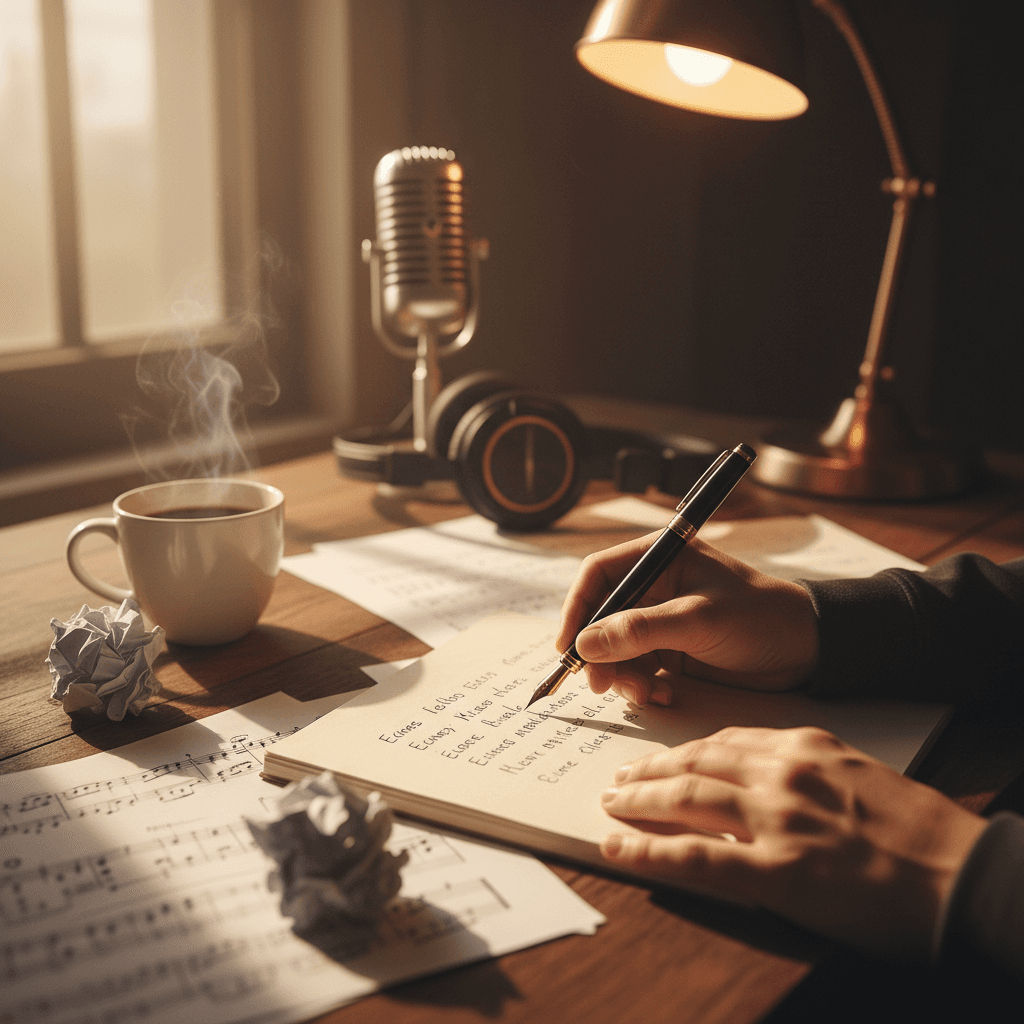 Songwriter sketching lyrics beside a studio microphone