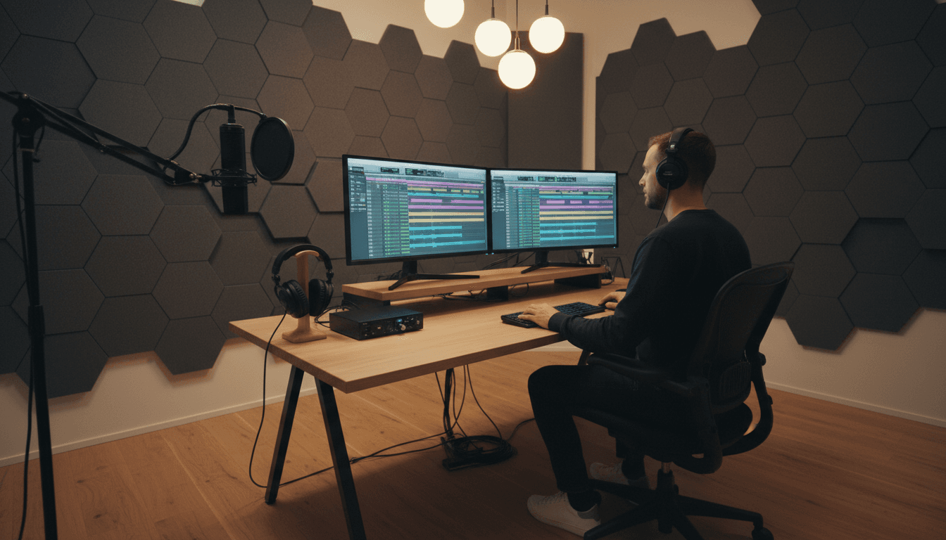 Music producer arranging beats in a digital audio workstation