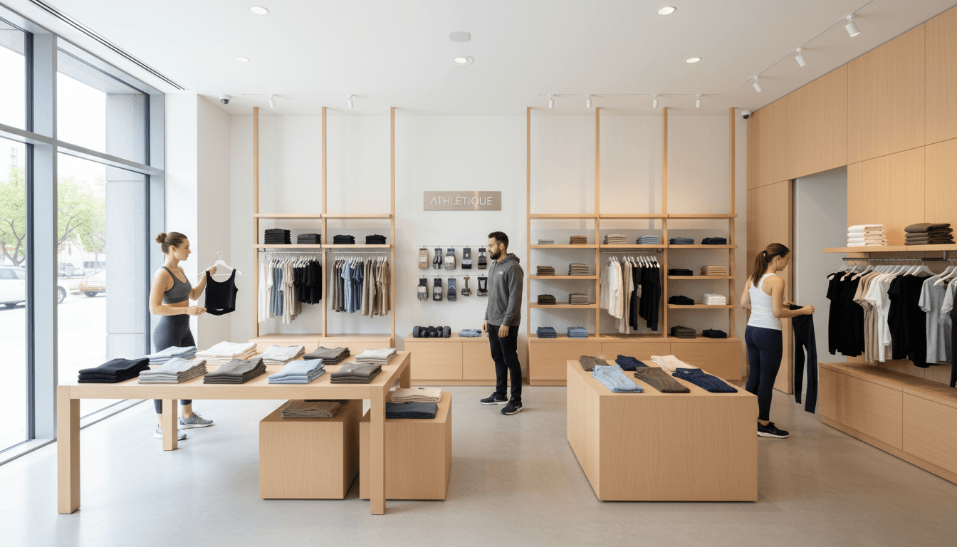 Organized rack of leggings and sports bras at a minimalist pop-up