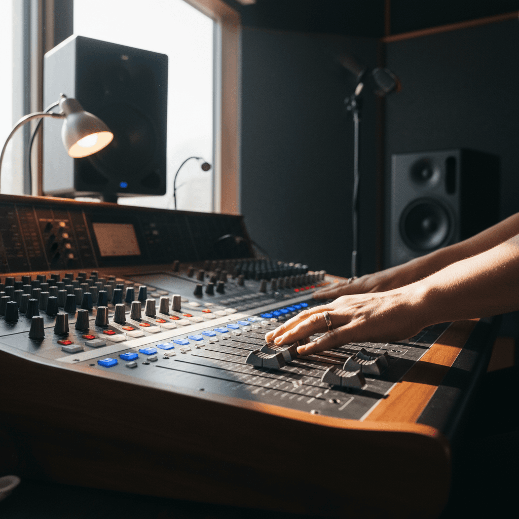 Analog synthesizers and mixing gear in a recording studio