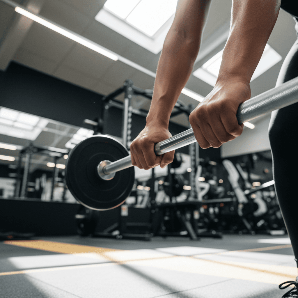 Athletic woman mid-deadlift in a bright, industrial-style gym