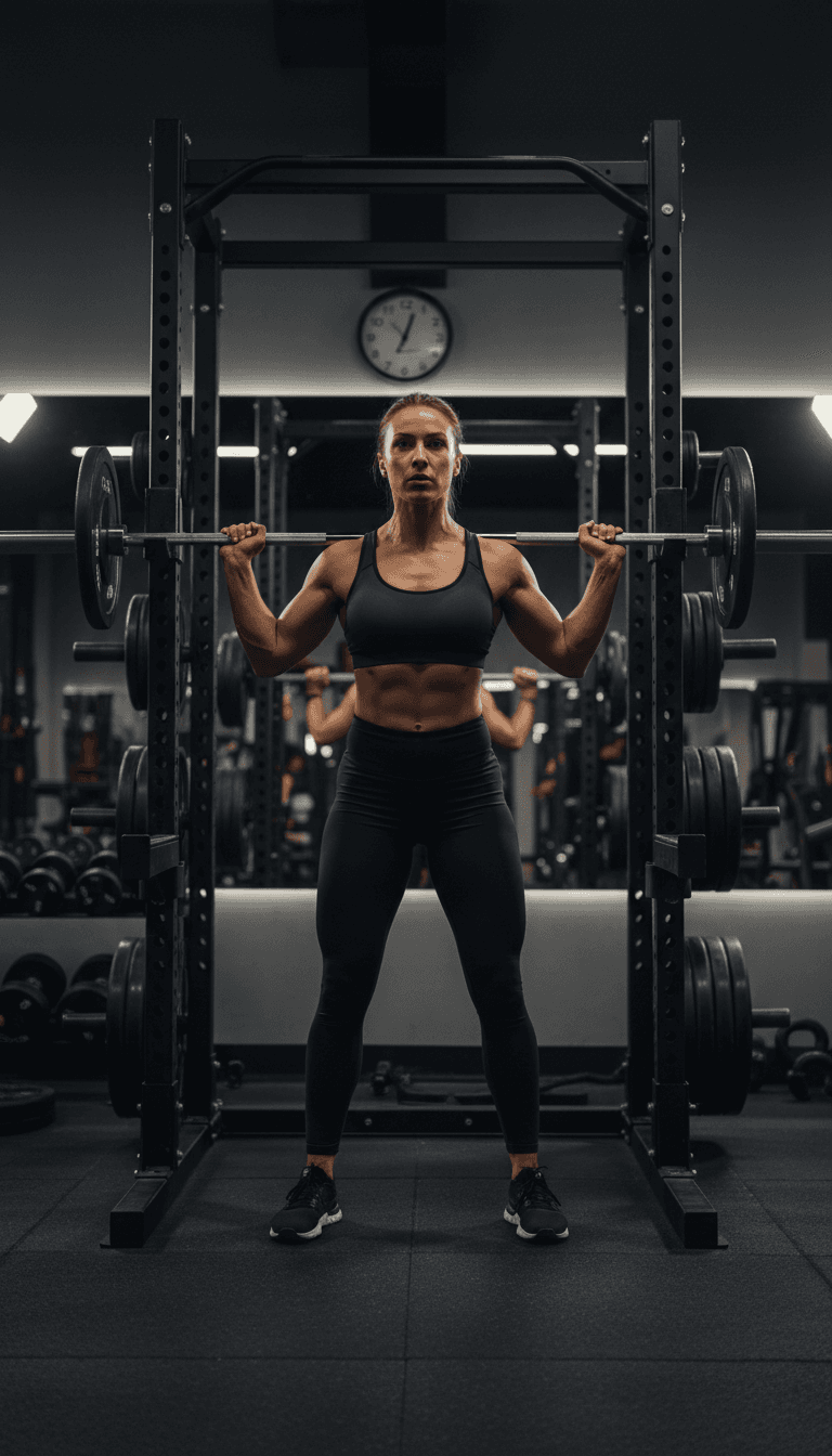 Athletic woman in beige seamless leggings squatting with dumbbells