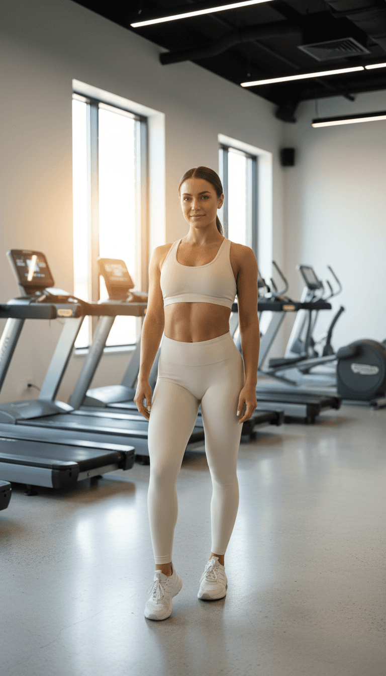 Woman in activewear tying her shoe in a bright, modern gym